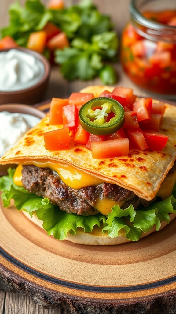 A quesadilla burger with crispy tortillas, melted cheese, and toppings, served with salsa and sour cream.
